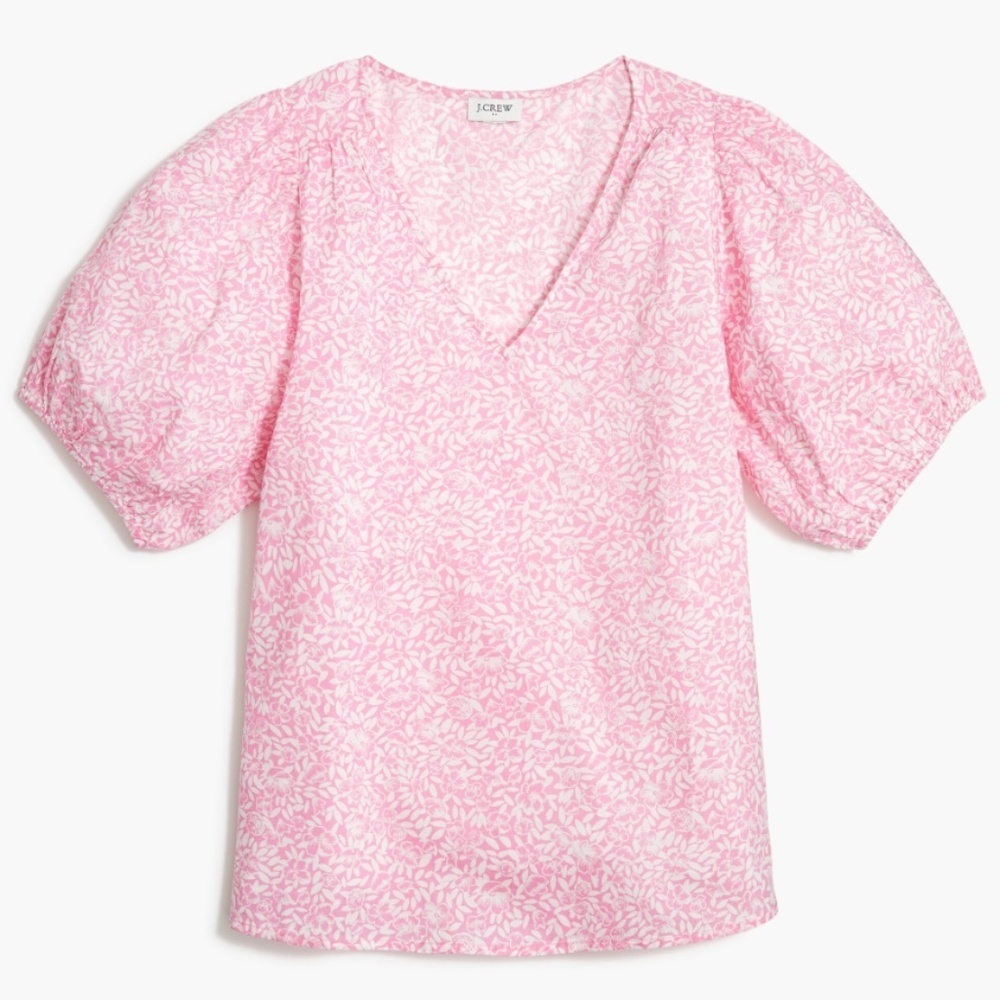 J.Crew Factory Women's Pink White Floral Cotton V-neck Puff Sleeve Top Size XXS